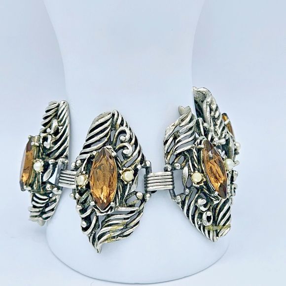 Brutalist Jewel Bracelet Bangle Vtg Brown Jewel Pearl Open Scroll Segment Viking - Picture 7 of 12